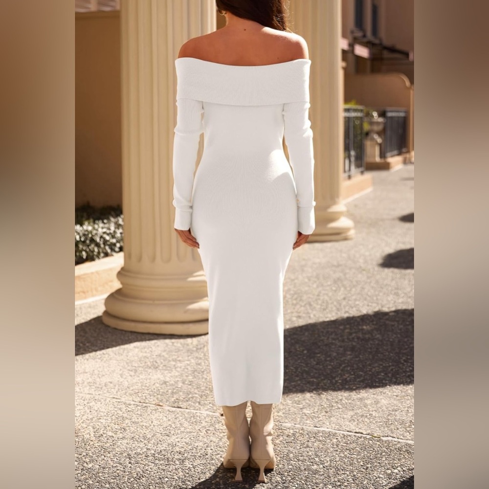 COPY - MEROKEETY Fall Off Shoulder Bodycon Sweater Formal Long Sleeve Elegant D… - Picture 2 of 4
